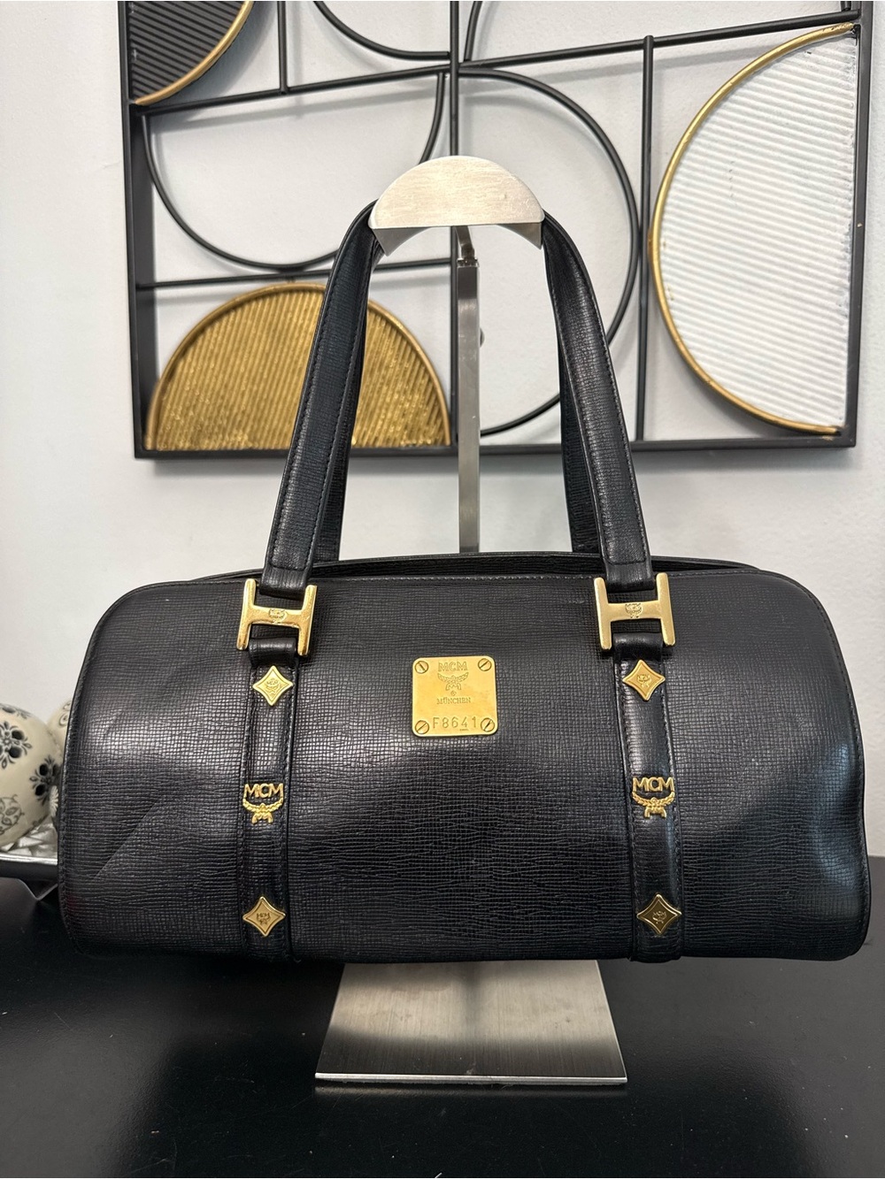 MCM Black Leather Barrel Tote with Gold Plaque
